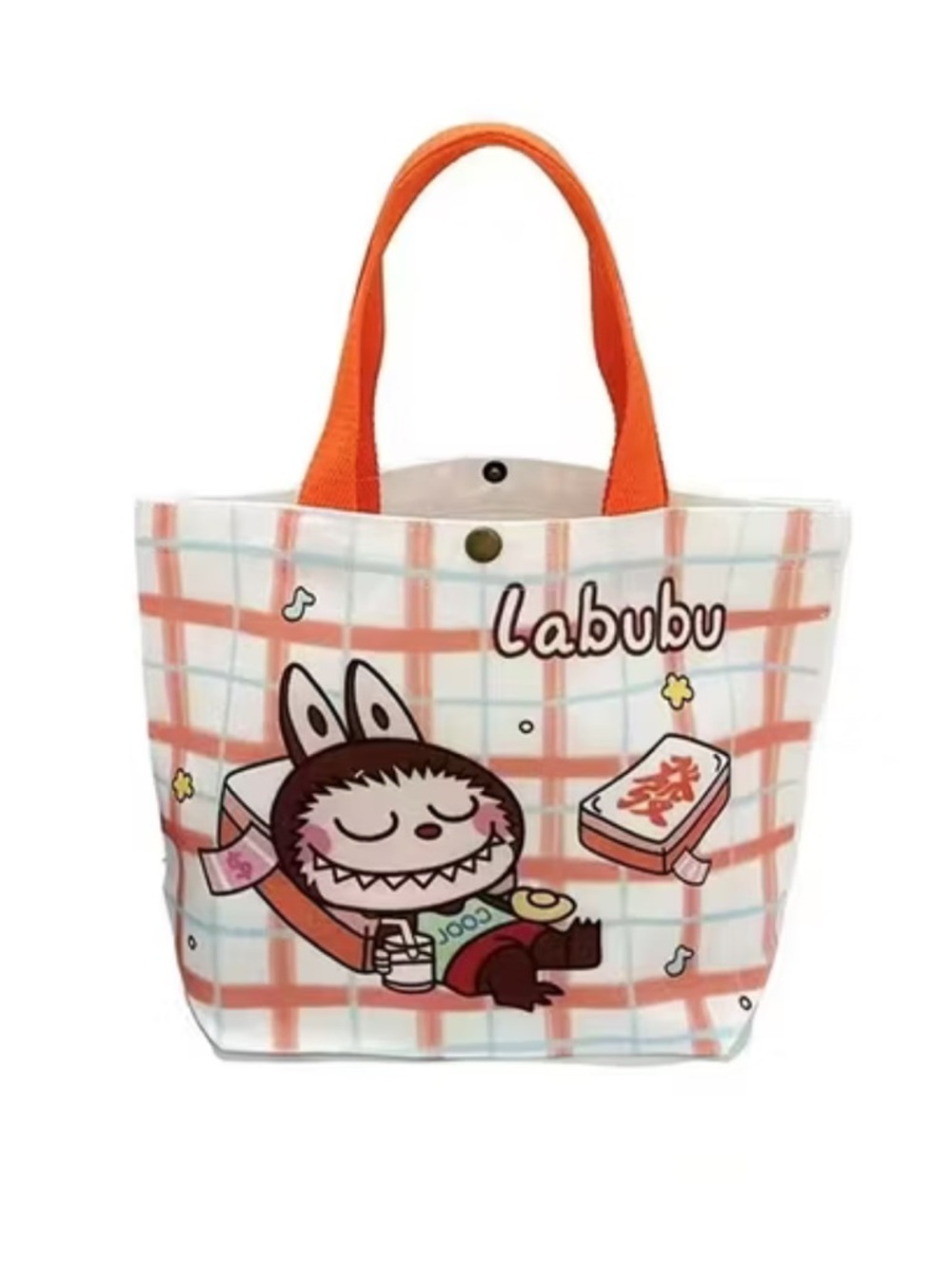Labubu Cute Character Tote - Orange Plaid